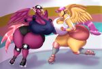  2023 aged_up anthro arm_pads armor big_breasts big_butt blues64 bottomwear bra breasts butt clothing competition competitive duo equid equine fan_character female footwear friendship_is_magic hair hasbro headgear helmet hi_res huge_breasts huge_butt knee_pads mammal marauder6272 multicolored_hair my_little_pony mythological_creature mythological_equine mythology orange_body pegasus pink_eyes pink_tail purple_body purple_eyes purple_hair purple_tail roller_rink roller_skates scootaloo_(mlp) shorts skating sport sports_bra sportswear tail tomboy underwear wings 
