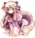  all_fours crescent hair_ribbon hat long_hair long_sleeves mob_cap patchouli_knowledge purple_eyes purple_hair ribbon solo touhou tress_ribbon ukita_uuko very_long_hair wide_sleeves 