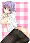  areola_slip areolae ass black_legwear breasts hal_(ojou) hand_on_own_chest hand_on_own_chin kainou_yoshiko large_breasts legwear_under_shorts looking_at_viewer pantyhose purple_eyes purple_hair saki short_shorts shorts shorts_pull solo 