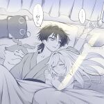  1boy 1girl alternate_costume alternate_hairstyle aranara_(genshin_impact) arm_up bags_under_eyes blunt_ends blush caramelo_game closed_mouth collarbone commentary_request creature crossed_bangs curtains facing_another genshin_impact hair_between_eyes hair_down hair_intakes head_on_chest head_on_pillow hetero highres indoors japanese_clothes kimono leaf long_hair long_sleeves looking_up monochrome monster_girl nahida_(genshin_impact) on_bed open_mouth pillow plant plant_girl pointy_ears sash scaramouche_(cat)_(genshin_impact) scaramouche_(genshin_impact) shared_bed shared_blanket shirt sleeping sleeping_on_person sleepwear stuffed_animal stuffed_toy sunlight vines wispy_bangs 