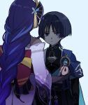  1boy 1girl anemo_symbol_(genshin_impact) arm_at_side armor black_bodysuit black_bow black_bridal_gauntlets black_hair black_shorts blue_cape blue_flower blue_gem blue_kimono blunt_ends bodysuit bow braid bridal_gauntlets cape closed_mouth empty_eyes expressionless facing_another fan_hair_ornament feathers flower furisode gem genshin_impact grey_bridal_gauntlets grey_shrug hair_flower hair_ornament hakama hakama_shorts height_difference holding japanese_armor japanese_clothes juban kimono kote kurokote long_hair looking_at_another low-braided_long_hair low-tied_long_hair mandarin_collar mitsudomoe_(shape) mother_and_son multicolored_flower multicolored_hair mxxu_box obi off_shoulder open_clothes open_kimono pleated_shorts pom_pom_(clothes) purple_eyes purple_hair purple_kimono purple_sleeves raiden_shogun sash scaramouche_(genshin_impact) shorts shrug_(clothing) streaked_hair tassel tassel_hair_ornament three-quarter_sleeves tomoe_(symbol) tsurime very_long_hair wanderer_(genshin_impact) white_background white_flower white_kimono wide_sleeves wispy_bangs yellow_feathers 