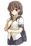  bag between_breasts blush breasts brown_eyes brown_hair hair_bobbles hair_ornament looking_at_viewer low_twintails medium_breasts necktie oota_yuuichi original school_bag school_uniform short_sleeves simple_background skirt smile solo strap_cleavage twintails white_background yellow_neckwear 