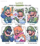  ! 6+boys animal_costume bandana bandana_around_neck blank_eyes blonde_hair blue_eyes brown_hair cat_costume cat_luigi cherry closed_eyes commentary cosplay crossdressing crossdressing_(mtf) crown cup didy414 domino_mask draw_a_character_you_like_challenge dress drinking_straw elbow_gloves english_commentary english_text eye_mask facial_hair folding_fan food fruit gloves grin hand_fan hand_on_own_hip hat heart highres holding holding_cup holding_fan holding_mallet ice_cream ice_cream_float index_finger_raised laughing long_hair luigi mallet mario_&amp;_luigi:_superstar_saga mario_&amp;_luigi_rpg mario_(series) mask melon_soda mr._l multiple_boys multiple_drawing_challenge multiple_persona mustache one_eye_closed open_mouth overalls paper_mario princess_peach princess_peach_(cosplay) puffy_short_sleeves puffy_sleeves short_hair short_sleeves smile super_mario_bros._wonder v 