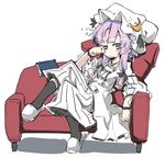  blue_eyes book coat couch crescent dress hair_ribbon hat long_sleeves looking_at_viewer lowres mob_cap noya_makoto patchouli_knowledge purple_hair ribbon rubbing_eyes sitting solo striped striped_dress touhou tress_ribbon wide_sleeves 
