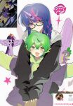  1boy 1girl :d alternate_costume alternate_hairstyle animification arms_up black_hoodie blue_hair blunt_bangs blush braid brown_pants chinese_commentary commentary_request copyright_logo creature_and_personification dragon_boy drawstring fangs feathered_wings fengfeng fins glasses green_eyes green_hair green_hoodie head_fins highres hood hood_down hoodie hug hug_from_behind jacket layered_clothes layered_sleeves lofter logo long_hair long_sleeves looking_at_viewer multicolored_hair my_little_pony my_little_pony:_friendship_is_magic official_art_inset open_clothes open_jacket pants personification photo-referenced photo_inset purple_eyes purple_hair purple_jacket reference_inset scales short_hair short_over_long_sleeves short_sleeves side_braid slit_pupils smile spike_(my_little_pony) streaked_hair twilight_sparkle unicorn_horn upper_body wings 