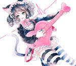  ahma animal_ears bell black_hair bow cat_ears cat_tail curly_hair cyan_(show_by_rock!!) dress electric_guitar green_eyes guitar headdress instrument open_mouth show_by_rock!! smile strawberry_heart striped striped_legwear tail thighhighs 