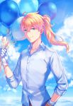  1boy ahoge balloon blonde_hair blue_sky brown_pants collarbone day dress_shirt fate/grand_order fate_(series) floating_hair gloves green_eyes hair_between_eyes hand_in_pocket holding long_hair long_sleeves outdoors pants ponytail rapueru romani_archaman shirt sky smile solo standing upper_body white_gloves white_shirt 