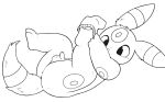  2025 anus butt clothing digital_media_(artwork) eeveelution featureless_crotch feet flaccid footwear fur generation_2_pokemon genitals glowing grey_body grey_fur hi_res humanoid inukami_hikari line_art lying male monochrome nintendo on_back paws penis pokemon pokemon_(species) putting_on_socks semi-anthro shiny_pokemon simple_background small_penis socks solo tail toes umbreon 