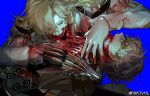  2boys absurdres bad_anatomy black-framed_eyewear bleeding blonde_hair blood blood_from_mouth blood_on_arm blood_on_clothes blood_on_face blood_on_hands blue_background cannibalism chinese_commentary claw_ring commentary_request empty_eyes eyes_visible_through_hair glasses gloves green_eyes guro highres honkai:_star_rail honkai_(series) human_meat_consumption injury invisible_table kt-hl long_hair male_focus multiple_boys open_mouth ribs short_hair sidelocks simple_background single_glove smile tearing_up veins void_archives welt_yang yaoi 