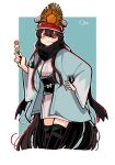  1girl aqua_background aqua_haori artist_name black_hair black_scarf black_thighhighs border commentary_request cosplay dango fate/grand_order fate_(series) food goma1021 hand_on_own_hip haori highres holding holding_food holding_skewer japanese_clothes kimono long_hair looking_at_viewer obi oda_nobunaga_(fate) okita_souji_(fate) okita_souji_(koha-ace) okita_souji_(koha-ace)_(cosplay) okita_souji_(third_ascension)_(fate) outside_border red_eyes sanshoku_dango sash scarf short_kimono skewer solo thighhighs very_long_hair wagashi white_border white_kimono 