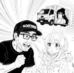  1boy 1girl absurdres alexi_smith animal_ears baseball_cap black_shirt box_truck fluffycataaa glasses greyscale hat highres hood hoodie itasha long_hair monochrome motor_vehicle phase_connect pipkin_pippa rabbit_ears real_life shirt sketch truck upper_body white_background 