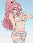  1girl ahoge arm_behind_head bikini bikini_skirt blue_background breasts character_request cleavage closed_mouth commentary copyright_request cowboy_shot curvy freckles frostbitenerd gradient_background groin hair_ornament heart highres horns long_hair medium_breasts navel pink_eyes pointy_ears ponytail skindentation swimsuit symbol-only_commentary thighhighs twitter_username white_bikini white_thighhighs x_hair_ornament 