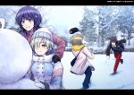  4girls ^_^ absurdres asaka_karin bag beanie black_bag black_gloves blue_eyes blue_hair blue_jacket blush brown_hair buttons character_snowman closed_eyes closed_mouth commentary_request double-breasted floating_hat gloves grey_hair grin hair_over_one_eye hand_on_another's_shoulder handbag hat highres jacket letterboxed long_hair love_live! love_live!_nijigasaki_high_school_idol_club mia_taylor mittens multiple_girls nakasu_kasumi nose_blush one_eye_covered open_mouth outdoors pants pink_sweater purple_hair red_pants short_hair smile snowball snowball_fight snowman sweater tennoji_rina translation_request turtleneck turtleneck_sweater twitter_username typeakiha73 v-shaped_eyebrows white_delight_(love_live!) white_mittens yuki_setsuna 
