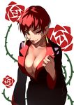  breasts cleavage earrings flower formal grin highres jewelry large_breasts lolik looking_at_viewer makeup red_eyes red_hair rose rose_background short_hair smile solo stenciled_rose suit the_king_of_fighters the_king_of_fighters_xiii thorns vice white_background 