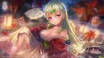  1girl autumn autumn_leaves bath_yukata blurry blurry_background blush breasts cleavage collarbone commentary copyright_logo copyright_notice depth_of_field english_commentary eyes_visible_through_hair feet_out_of_frame fingernails fish_hair_ornament green_hair green_sash green_streaks hair_between_eyes hair_down hair_ornament hair_over_shoulder hand_fan hand_up heaven_burns_red highres holding holding_fan japanese_clothes kimono knee_up lantern large_breasts layered_kimono leaf light_particles logo long_hair looking_at_viewer maple_leaf multicolored_hair night official_alternate_costume official_alternate_hairstyle official_art official_wallpaper on_bench onsen ooshima_isuzu ooshima_isuzu_(after_bath_utopia) open_clothes open_kimono outdoors parted_lips pink_eyes red_kimono sash sidelocks single_bare_shoulder sitting solo streaked_hair very_long_hair wet white_kimono yukata 