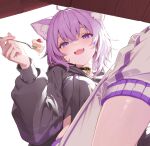  1girl :d ahoge animal_collar animal_ear_fluff animal_ears baggy_pants black_choker black_collar black_hoodie blush breasts cake cat_choker cat_ears cat_girl choker collar commentary cropped_hoodie crossed_bangs drawstring fang food food_print fork from_below hair_between_eyes highres hololive hood hood_down hoodie legs long_sleeves looking_at_viewer looking_down medium_breasts nekomata_okayu nekomata_okayu_(1st_costume) offering_food onigiri_print open_mouth pants print_hoodie purple_eyes purple_hair sharc short_hair simple_background smile solo sweatpants thick_eyelashes under_table virtual_youtuber white_background white_pants 
