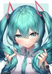  1girl absurdres aqua_eyes aqua_hair aqua_necktie aqua_trim black_sleeves blush breasts closed_mouth collared_shirt commentary detached_sleeves hair_between_eyes hair_ornament hatsune_miku hatsune_miku_(vocaloid4) highres holding holding_own_hair long_hair looking_at_viewer medium_breasts miku_day necktie ringosan shirt smile twintails upper_body v4x very_long_hair vocaloid white_shirt 