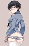  ass back-print_panties black_eyes black_hair blush breath butt_crack eini_a_lukkanen em glasses looking_at_viewer looking_back no_pants panties pantyhose pantyhose_pull print_panties short_hair solo standing underwear uniform world_witches_series 