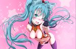  ;d animal_ears ass bare_shoulders blue_eyes blue_hair blush breasts cat_ears cat_tail cleavage cleavage_cutout collar covered_nipples cowboy_shot fake_animal_ears fingerless_gloves gloves hair_ribbon hatsune_miku kemonomimi_mode lock long_hair medium_breasts one_eye_closed open_mouth ribbon shiika_sadamasa sleeveless smile solo tail thighhighs twintails vocaloid 