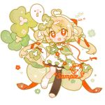  1girl :d ahoge artist_name asymmetrical_legwear black_thighhighs blunt_bangs blush_stickers chibi chibi_only clover commentary dot_nose dress fanqiealxe four-leaf_clover frilled_sleeves frills full_body ghost green_hair hair_between_eyes heart heart_ahoge highres long_hair long_sleeves looking_at_viewer mismatched_legwear open_mouth original outline red_eyes sample_watermark simple_background single_blush_sticker single_sock single_thighhigh sleeves_past_fingers sleeves_past_wrists smile socks solo standing standing_on_one_leg symbol-only_commentary thighhighs toeless_legwear uneven_legwear watermark white_background white_dress white_socks 