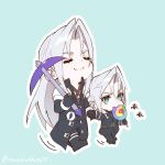  2boys aged_down black_coat black_pants candy chest_strap chibi chibi_only closed_eyes closed_mouth coat commentary_request dual_persona final_fantasy final_fantasy_vii final_fantasy_vii:_ever_crisis food green_eyes grey_hair highres holding holding_candy holding_food holding_hands long_hair male_focus motion_lines multiple_boys pants parted_bangs sephiroth sephiroth_(ever_crisis) short_hair smile twitter_username walking zi_(murasaki0615) 