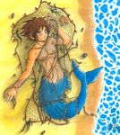  1boy beach blue_eyes blush brown_hair captured mermaid merman monster_boy nipples restrained sora_(kingdom_hearts) spiked_hair topless 