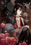  1boy 2girls alcohol black_hair black_hanfu bottle chenqing_flute chinese_clothes chinese_text coat dizi faceless faceless_female falling_petals flower flute flute_tassel ghost grey_coat hair_between_eyes hair_down hair_ornament half_updo hand_on_own_knee hand_up hanfu hashtag-only_commentary highres holding holding_bottle holding_flute holding_instrument instrument liuche79871650 long_hair long_sleeves looking_at_viewer male_focus modao_zushi multiple_girls off_shoulder official_alternate_costume official_alternate_hairstyle open_clothes open_coat parted_lips pectoral_cleavage pectorals petals pink_flower pouring red_eyes red_flower robe sidelocks sitting solo_focus tassel tokkuri transverse_flute watermark wei_wuxian wei_wuxian_(yiling_laozu) wide_sleeves 