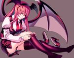  armband bad_id bad_pixiv_id bat_wings between_breasts black_legwear black_panties breasts changing_clothes closed_eyes collared_shirt douji dressing eyelashes garter_straps grey_background hairband head_wings headband high_heels juliet_sleeves koakuma large_wings lips long_hair long_sleeves medium_breasts necktie necktie_between_breasts open_mouth panties pantyshot pantyshot_(sitting) parted_lips puffy_sleeves red_hair shirt shoes_removed simple_background sitting skirt skirt_set smile solo thighhighs thighhighs_pull touhou underwear vest white_shirt winged_hairband wings 