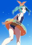  1girl aqua_hair ass blush breasts commentary expressionless gesugesu_ahoaho googly_eyes green_eyes hat innertube looking_at_viewer looking_back monogatari_(series) one-piece_swimsuit ononoki_yotsugi school_swimsuit short_eyebrows small_breasts solo swim_ring swimsuit thick_eyebrows twintails 