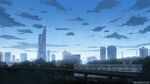  blue building cityscape cloud gradient gradient_background lamppost morning no_humans power_lines real_world_location scenery sky skyline sunrise watermark web_address 
