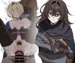  after_vaginal anal aqua_eyes bar_censor barbed_wire bell_bearing_hunter_(elden_ring) black_cloak blonde_hair boots breasts brown_hair censored clenched_teeth cloak closed_mouth commentary_request cum cum_in_pussy cum_overflow earrings elden_ring elden_ring_nightreign eyes_visible_through_hair female_pubic_hair full_nelson futa_with_female futanari green_eyes hair_between_eyes idzuki_kenkyu-in jewelry large_breasts leg_grab lifting_person long_hair looking_at_viewer looking_up nipples penis pubic_hair pussy red_eyes rolling_eyes sex short_hair simple_background single_earring smile sweat teeth thigh_boots thorns white_background wylder_(elden_ring) 
