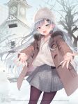  1girl :d beanie bennett_charlotte blue_eyes blue_sky brown_coat brown_pantyhose building clock clock_tower coat collarbone commentary day fur-trimmed_coat fur_trim grey_hair grey_skirt hat highres long_hair looking_at_viewer maigo_ni_natteita_youjo_wo_tasuketara_otonari_ni_sumu_bishoujo_ryuugakusei_ga_ie_ni_asobi_ni_kuru_you_ni_natta_ken_ni_tsuite midorikawa_you open_clothes open_coat outdoors outstretched_arms pantyhose plaid_clothes plaid_skirt pleated_skirt ribbed_pantyhose roman_numeral shirt skirt sky smile snowman solo standing symbol-only_commentary tower tree very_long_hair white_hat white_shirt 