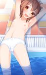  armpits blush breasts brown_eyes brown_hair kantai_collection lying nipples on_back open_mouth panties partially_submerged sakurea short_hair small_breasts smile solo topless uncensored underwear wading water white_panties yukikaze_(kantai_collection) 