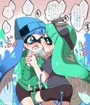  aqua_eyes aqua_hair ass beanie bike_shorts blue_eyes blue_hair blush domino_mask eromame fangs goggles goggles_on_head green_shirt hat heart holding_hands hood hoodie inkling long_hair looking_at_another mask monster_girl multiple_girls nose_blush open_mouth paint pointy_ears shirt short_sleeves splatoon_(series) splatoon_1 tears tentacle_hair translated twitter_username yuri 