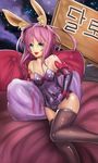  absurdres animal_ears bad_id bad_pixiv_id bed blue_eyes bunny_ears bunnysuit elbow_gloves fake_animal_ears gloves hairband highres leotard long_hair lying moonbo on_side open_mouth original pillow purple_hair smile solo thighhighs yes yes-no_pillow 