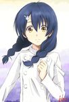  blue_hair braid chef_uniform hair_ornament hairclip highres kem_kem long_hair looking_at_viewer md5_mismatch shokugeki_no_souma solo tadokoro_megumi twin_braids yellow_eyes 