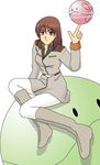  1girl boots brown_eyes brown_hair gundam gundam_lost_war_chronicles haro military_uniform noel_anderson simple_background uniform 