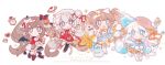  4girls :d asymmetrical_legwear black_boots black_thighhighs blue_eyes blue_skirt blush_stickers boots bow brown_hair brown_hat chibi chibi_only closed_mouth commentary dot_nose double-parted_bangs fanqiealxe frilled_skirt frills full_body grey_hair hat highres lace-up_boots long_hair looking_at_viewer mismatched_legwear multiple_girls open_mouth original parted_lips red_skirt sample_watermark shoes short_hair simple_background single_sock single_thighhigh skirt smile socks standing standing_on_one_leg star-shaped_pupils star_(symbol) suspender_skirt suspenders symbol-only_commentary symbol-shaped_pupils thighhighs twintails uneven_legwear watermark white_background white_hair white_shoes white_socks yellow_bow 