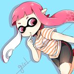  :o artist_request domino_mask inkling long_hair mask monster_girl pink_eyes pink_hair pointy_ears shirt solo splatoon_(series) splatoon_1 striped striped_shirt tentacle_hair 