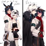  1girl 2boys animal_ears arknights blush cliffheart_(arknights) coat courier_(arknights) deer_boy deer_ears english_text fur-trimmed_coat fur_trim goggles groping hanada_hajime heart hetero highres hug jacket multiple_boys red_scarf scarf shorts silverash_(arknights) snow_leopard_boy snow_leopard_ears snow_leopard_girl snow_leopard_tail spoken_heart tail yaoi 