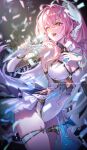  1girl absurdres aemeath_(wuthering_waves) ahoge bare_shoulders blush breasts cleavage commentary confetti covered_navel cowboy_shot elbow_gloves gloves glowstick hair_ornament highres holding holding_microphone leotard long_hair looking_to_the_side medium_breasts microphone open_mouth pink_hair rhtkd showgirl_skirt skirt smile solo star-shaped_pupils star_(symbol) symbol-only_commentary symbol-shaped_pupils thighs white_gloves white_leotard white_skirt wuthering_waves yellow_eyes 
