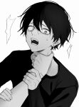  1boy akanei6no_sora black_shirt commentary_request crying drooling earrings greyscale hands_on_another's_arm highres jewelry long_sleeves looking_at_viewer male_focus monochrome open_mouth original scared shirt single_earring solo solo_focus strangling teeth throat_grab wide-eyed 