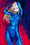  arms_up black_eyes blonde_hair bodysuit breasts commentary_request lips long_hair metroid pon ponytail samus_aran skin_tight small_breasts solo zero_suit 