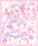  1girl :3 :d animal_ear_legwear animal_ears bare_shoulders bell blue_shoes blue_skirt blush bow cat_ear_legwear cat_ears cat_girl cherry closed_mouth commentary cup dot_nose double-parted_bangs drinking_glass fanqiealxe food foot_out_of_frame four-finger_heart_hands fruit hair_between_eyes hair_bow heart heart_hands heart_in_heart_hands highres ice_cream ice_cream_float leg_up long_hair long_sleeves looking_at_viewer miniskirt multiple_views navel neck_bell open_mouth original pastel_colors red_bow sample_watermark shirt shoes skirt smile standing standing_on_one_leg star-shaped_pupils star_(symbol) symbol-only_commentary symbol-shaped_pupils thighhighs twintails watermark white_hair white_shirt white_thighhighs yellow_eyes yume_kawaii zettai_ryouiki 