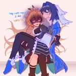  2girls absurdres ahoge aura black_gloves black_pantyhose blue_hair blush brown_capelet brown_cloak brown_hair capelet carrying chain chain_headband cloak corset dark_aura detached_sleeves english_text feather_hair_ornament feathers gloves glowing glowing_eyes hair_intakes hair_ornament hairclip highres hololive hololive_english hydroxyl knife long_hair multicolored_hair multiple_girls nanashi_mumei nanashi_mumei_(1st_costume) ouro_kronii ouro_kronii_(1st_costume) pantyhose partially_fingerless_gloves ponytail princess_carry shirt short_hair skirt streaked_hair tears thighhighs very_long_hair virtual_youtuber white_shirt yuri 