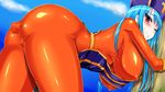  1girl anal anal_insertion anal_object_insertion ass bent_over blue_hair blush breasts clenched_teeth cloud clouds dildo dragon_quest dragon_quest_iii erect_nipples gloves hat highres huge_breasts latex latex_suit legs long_hair looking_back priest_(dq3) red_eyes saliva skin_tight sky solo teeth thighs trubka wince 
