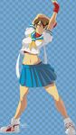  arms_up blue_sailor_collar breasts brown_eyes brown_hair checkered checkered_background fingerless_gloves full_body gloves headband highres kasugano_sakura loose_socks midriff navel one_eye_closed sailor_collar school_uniform serafuku shoes short_hair skirt small_breasts sneakers socks solo sports_bra street_fighter stretch tovio_rogers 