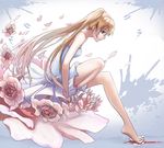  barefoot blonde_hair blood chunrijun_(springer) dress flower green_eyes kekkai_sensen long_hair petals solo twintails white_(kekkai_sensen) white_dress 