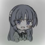  1girl arms_at_sides assault_lily bandaged_head bandages bandaid bandaid_on_cheek bandaid_on_face black_hair black_ribbon chibi commentary cropped_jacket cropped_torso gradient_background grey_background highres juliet_sleeves long_hair long_sleeves looking_at_viewer neck_ribbon open_mouth puffy_sleeves purple_eyes ribbon school_uniform shirai_yuyu solo tearing_up umi_(s5r1umi_1399) upper_body yurigaoka_girls_academy_school_uniform 