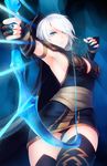  armpits ashe_(league_of_legends) blue_eyes blue_lipstick blue_nails bow_(weapon) breasts cleavage fingerless_gloves gloves highres hood large_breasts league_of_legends lips lipstick makeup nail_polish ricegnat short_hair sideboob solo thigh_gap thighhighs weapon white_hair zettai_ryouiki 